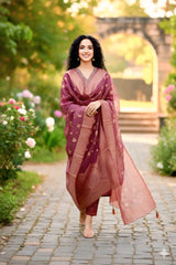 Elegant Wine Embroidered Suit Set with Floral Dupata