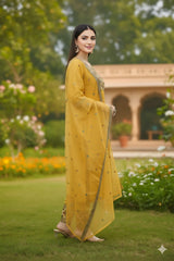 Mustard Yellow Embroidered Kurta Set with embroidered Dupatta