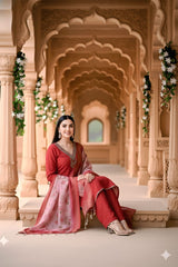 Maroon Blossom Embroidered Suit Set with Dupatta