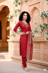 Elegant Maroon Embroidered Kurta Set with Dupatta