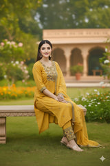 Mustard Yellow Embroidered Kurta Set with embroidered Dupatta