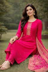 Festive Rani Pink Kurta Set with Banarasi Dupatta