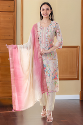 Pastel Floral Embroidered Kurta Set with Ombre Dupatta