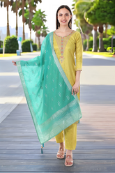 Elegant Mustard Yellow & Teal Green Embroidered Suit Set