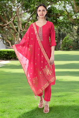 Festive Rani Pink Kurta Set with Banarasi Dupatta