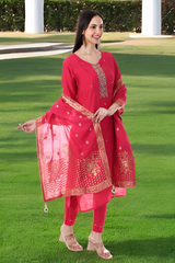 Festive Rani Pink Kurta Set with Banarasi Dupatta