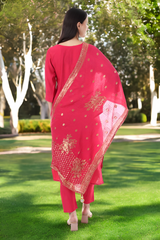 Festive Rani Pink Kurta Set with Banarasi Dupatta