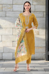 Mustard Yellow Embroidered Kurta Set with Dupatta