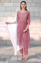 Rose Pink Mirror Work Kurta Set with Embroidered Dupatta
