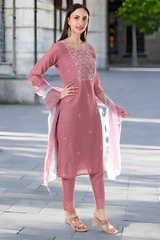 Rose Pink Mirror Work Kurta Set with Embroidered Dupatta