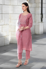 Rose Pink Mirror Work Kurta Set with Embroidered Dupatta