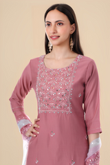 Rose Pink Mirror Work Kurta Set with Embroidered Dupatta