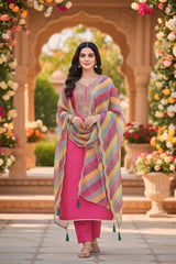 Elegant Embroidered Suit Set with Multicolor Dupatta – Pink
