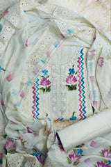 Graceful White Floral Embroidered Unstitched Cotton Suit