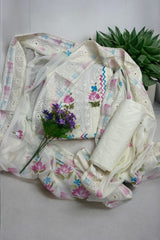 Graceful White Floral Embroidered Unstitched Cotton Suit