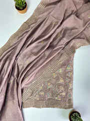 Vichitra Silk Embroidered Unstitched Suit Set with Dupatta-Purple