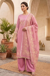 Elegant Blush Pink Linen Kurta Set with Floral Embroidery & Dupatta
