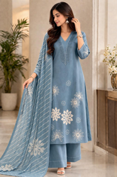 Graceful Dusty Blue Linen Kurta Set with Embroidery & Appliqué Work and Digital Print Dupatta