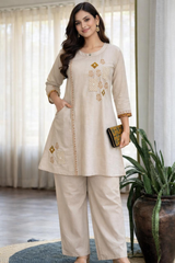 Elegant Cotton Handblock Printed Kurta Set with Patchwork & Pocket
