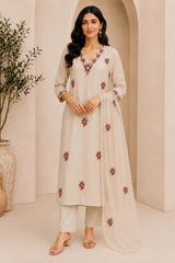 Elegant Cream Embroidered Cotton Kurta Set with Dupatta