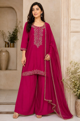 Beautiful Rani Pink Chinon Embroidered Kurta Set with Dupatta