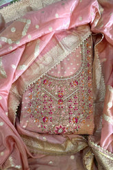 Stunning Shimmer Jacquard Unstitched Suit with Intricate Embroidery & Zari Dupatta