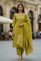Lime Green Silk Blend Embroidered Suit Set with Banarasi Dupatta