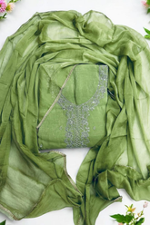 Graceful Crunchy Silk Unstitched Suit with Silver Embroidery- Green