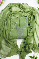 Graceful Crunchy Silk Unstitched Suit with Silver Embroidery- Green