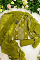 Graceful Banarasi Silk Embroidered Suit with Golden Detailing-Green