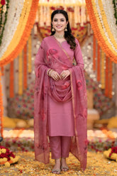 Elegant Rose Pink Silk Blend Suit Set with Embellished Kurta & Printed Dupatta