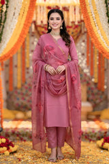Elegant Rose Pink Silk Blend Suit Set with Embellished Kurta & Printed Dupatta