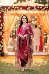 Elegant Dark Pink Silk Blend Suit Set with Embroidered Kurta & Printed Dupatta