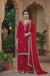 Elegant Maroon Embroidered Georgette Kurta Palazzo Set with Dupatta