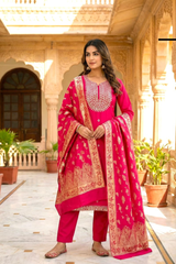 Royal Pink Mirror work Silk Suit Set with Banarasi Dupatta