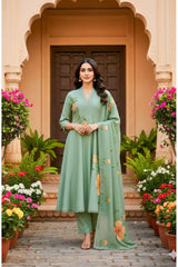 Pastel Green Silk Blend Floral Anarkali Suit Set