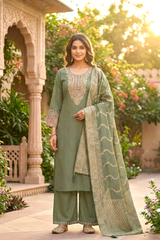 Olive Green Embroidered Silk Blend Kurta Palazzo Set with Dupatta