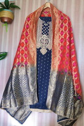 Elegant Chanderi Silk Embroidered Unstitched Suit with Banarasi Dupatta-Navy-Red