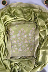 Vichitra Silk Embroidered Unstitched Suit Set with Dupatta-Green