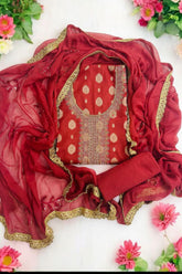 Graceful Banarasi Silk Embroidered Suit with Golden Detailing-Maroon