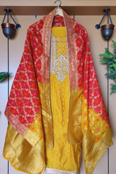 Elegant Chanderi Silk Embroidered Unstitched Suit with Banarasi Dupatta-Mustard Red
