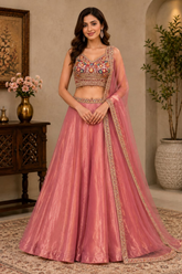 Dusty Rose Fendi Embroidered Lehenga Set with Dupatta (Sleeves Included)