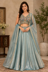 Dusty Blue Fendi Embroidered Lehenga Set with Dupatta (Sleeves Included)