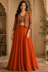 Rust Orange Embroidered Jacket Lehenga Set