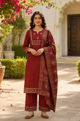 Maroon Cotton Kurta Set with Printed Dupatta