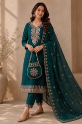 Teal Green Vichitra Silk Kurta Set with Golden Jari, Cutdana & Beads Embroidery with Potli Bag