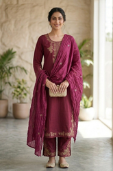 Maroon Thread Embroidered Cotton Kurta Set with Dupatta
