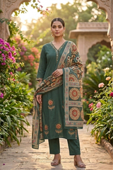 Green Handwork Cotton Kurta Set with Printed Dupatta