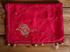 Rani Pink Saree with Delicate Embroidery and Tassel Detailing