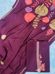 Wine Colour Pashmina Suit – Embroidered Neckline with Printed Dupatta